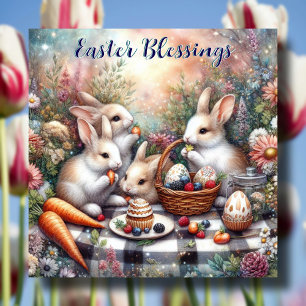 Easter Blessings Pastel Cute Bunny Family Picnic Holiday Card