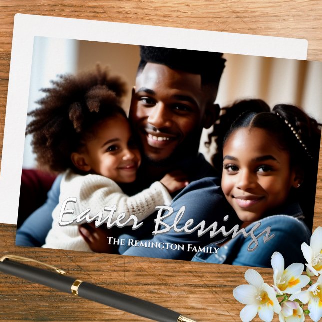 Easter Blessings Photo Simple Elegant Foil Holiday Card (An 'Easter Blessings' greeting card with foil detail, personalized with a photo and names)