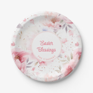 Easter Blessings Pink Flowers Pattern Easter Paper Plate