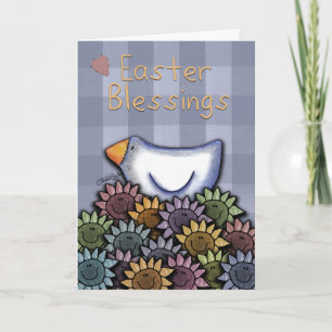 Easter Blessings-Primitive Chicken and Daisies Holiday Card