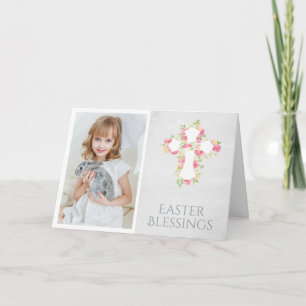 Easter Blessings Religious Cross Pink Flower Photo Holiday Card