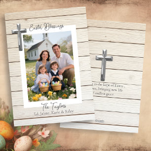 Easter Blessings Rustic Wood Personalized Photo    Holiday Card