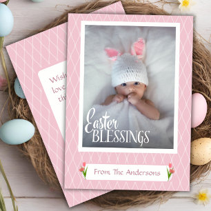 Easter Blessings Sweet Pastel Pink Custom Photo Holiday Card