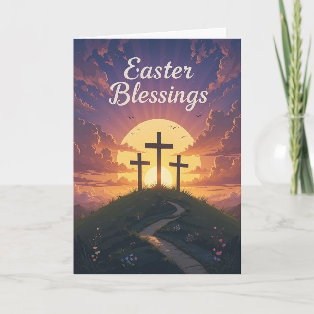 Easter Blessings Three Crosses Purple Sunset  Card (Front)