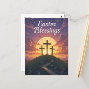 Easter Blessings Three Crosses Purple Sunset  Postcard