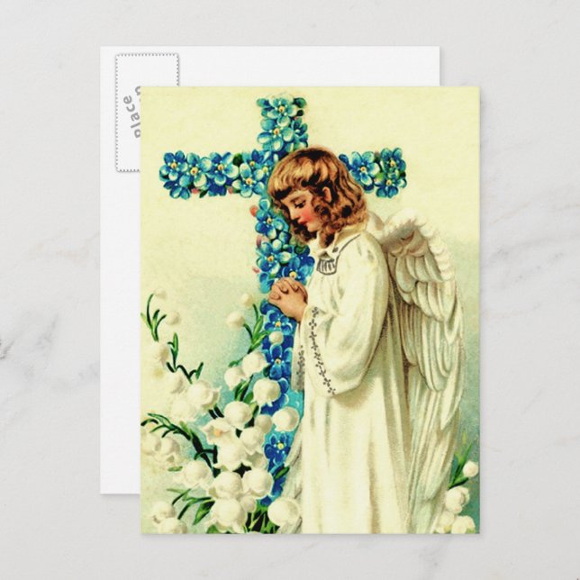 Easter Blessings. Vintage Praying Angel Religious Holiday Postcard (Front/Back)