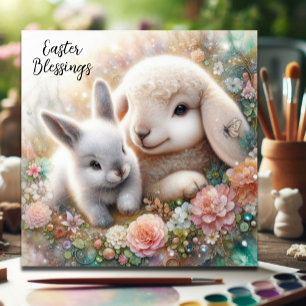 Easter Blessings Watercolor Bunny And Lamb Holiday Card