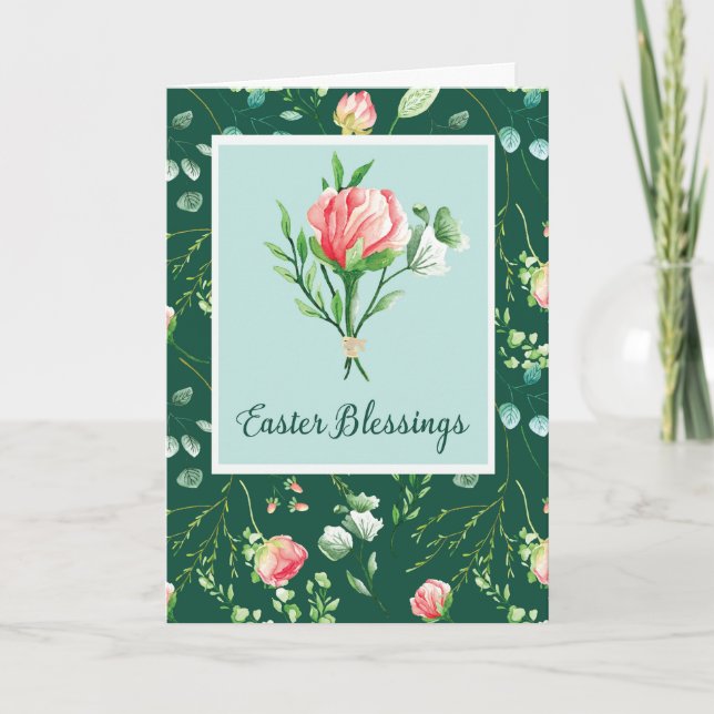Easter Blessings with Florals on Dark Green Card (Front)