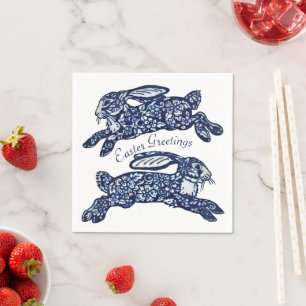 Easter Blue & White Oriental Rabbits Bunny Delft Napkin