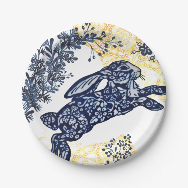 Easter Blue White Yellow Rabbit Asian Chinoiserie Paper Plate (Front)