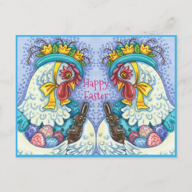 EASTER BONNET AND EGGS, SPRING CHICKEN Colourful Holiday Postcard (Front)
