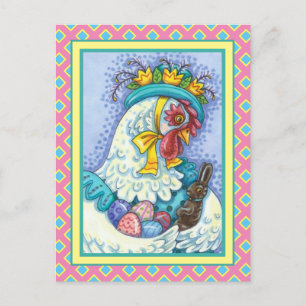 EASTER BONNET AND EGGS, SPRING CHICKEN Colourful Holiday Postcard