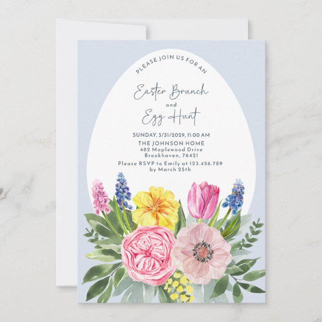 Easter Bruch and Egg Hunt Watercolor, blue Invitation (Front)