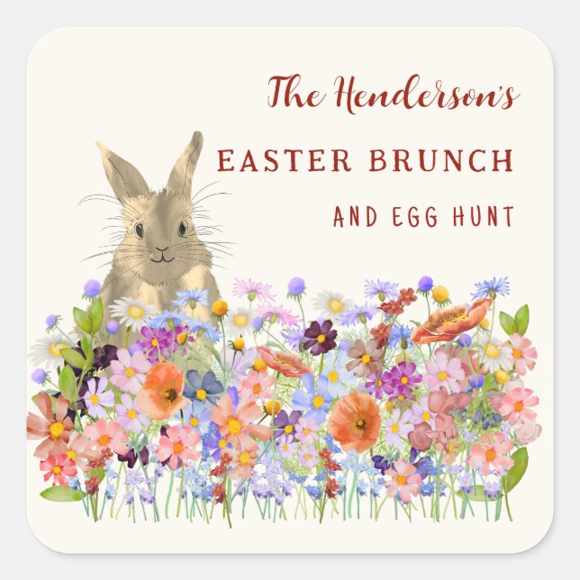 Easter Brunch and Egg Hunt Bunny Floral Custom Square Sticker (Front)