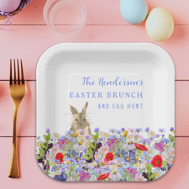 Easter Brunch and Egg Hunt Bunny Spring Floral Paper Plate (Personalized easter egg hunt spring brunch cute bunny wildflower floral paper plate)