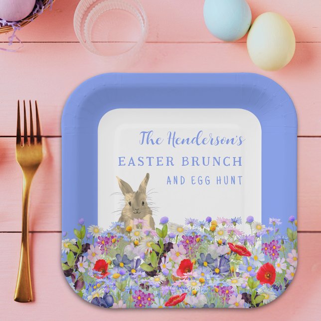 Easter Brunch and Egg Hunt Bunny Spring Floral Paper Plate (Personalized easter egg hunt spring brunch cute bunny wildflower meadow blue party paper plates)