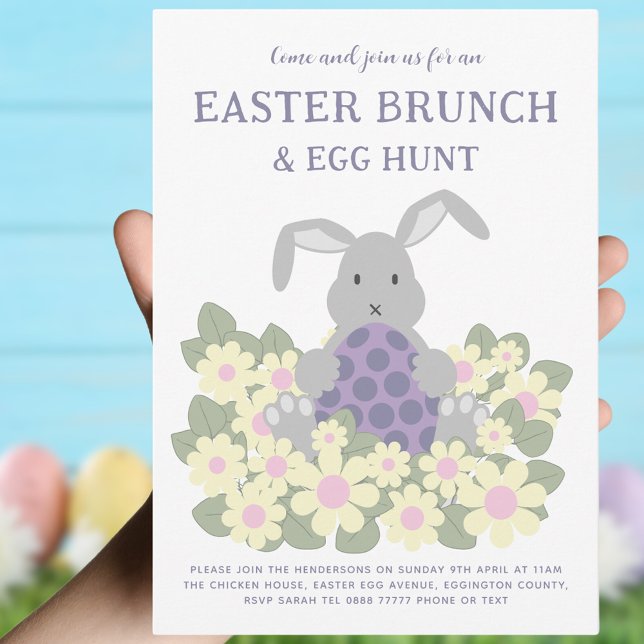 Easter Brunch and Egg Hunt Cute Bunny Floral Invitation (Easter brunch and egg hunt cute bunny spring floral invitation. Modern Pink purple green and gray)
