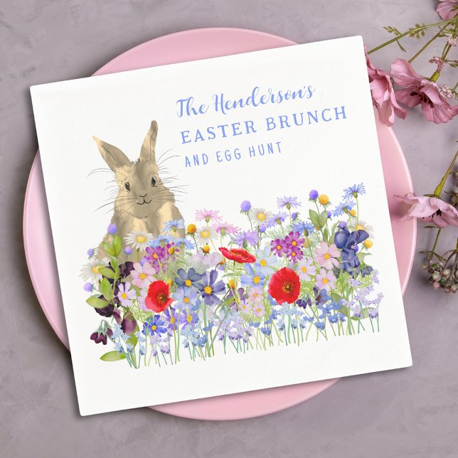 Easter Brunch and Egg Hunt Floral Custom Napkin (Easter brunch and egg hunt floral custom napkins watercolor wildflowers and cute bunny)