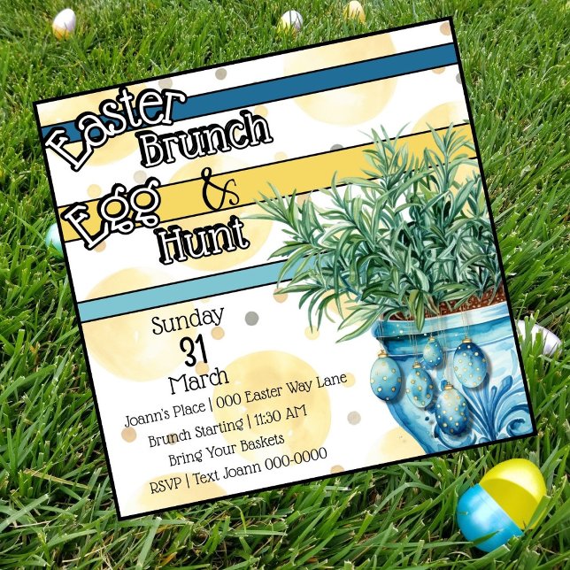 Easter Brunch and Egg Hunt Party  Invitation (Bondi blue and yellow Easter Brunch and Egg Hunt customizable party invitations for Easter Sunday. )