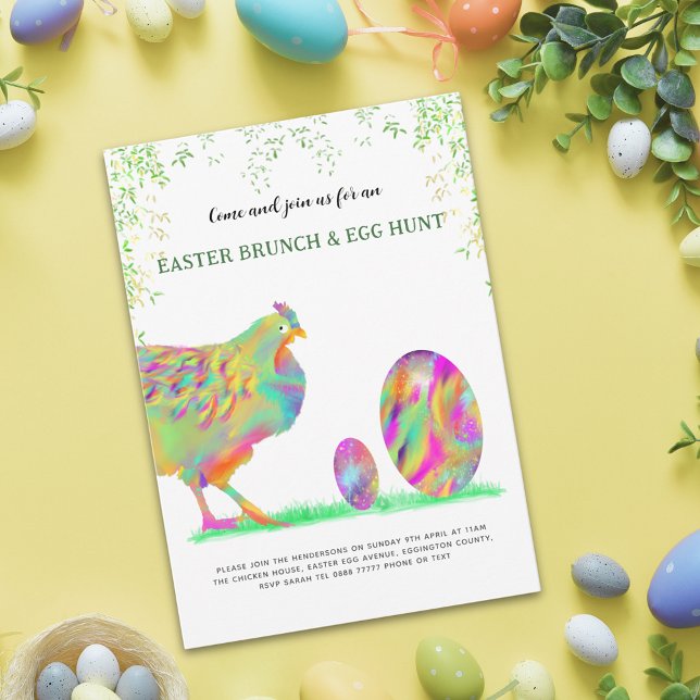 Easter brunch and egg hunt party watercolor flyer (Easter Egg Hunt Brunch Cute colorful watercolor Hen & Eggs budget Invitation )