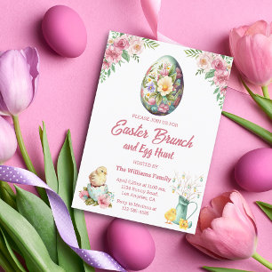 easter brunch and egg hunt, pink floral chickens invitation