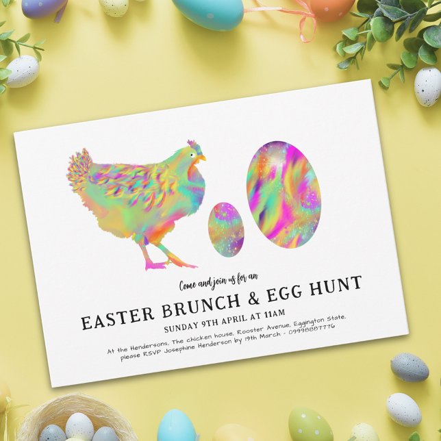 Easter Brunch and egg hunt watercolor budget (Easter spring brunch egg hunt colorful watercolor cute hen & eggs garden party Budget invitation)