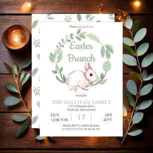 Easter Brunch Bunny Rabbit Sage Floral Wreath Invitation