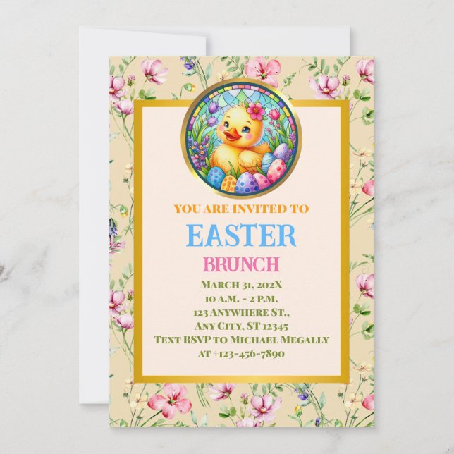 EASTER BRUNCH, Chick, Flowers, and Colourful Eggs Invitation (Front)