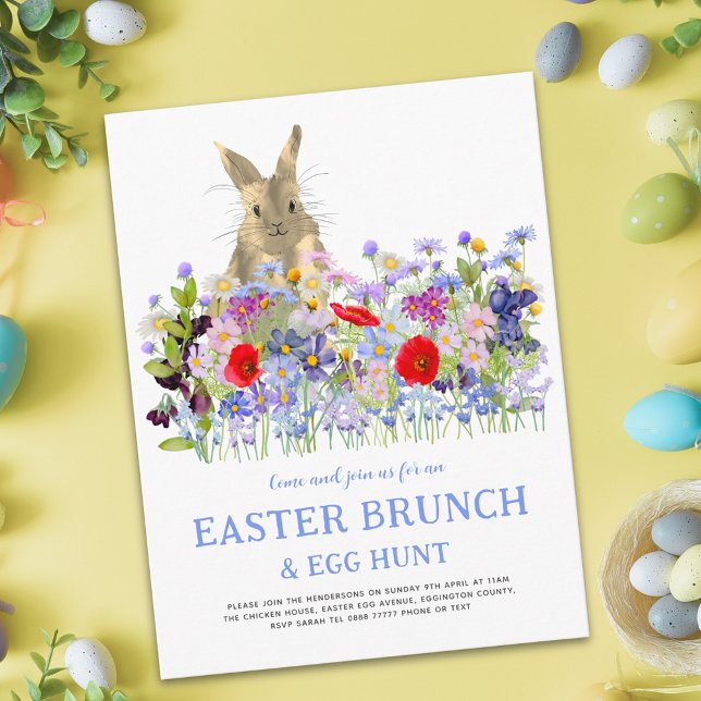 Easter Brunch Egg Hunt Bunny and Wildflowers  Invitation Postcard (Easter egg hunt spring brunch cute bunny watercolor wildflower floral holiday invitation postcard)