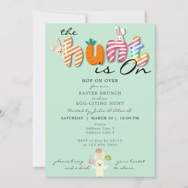 Easter Brunch Egg Hunt Bunny Colourful Pastel Mint Invitation (Front)