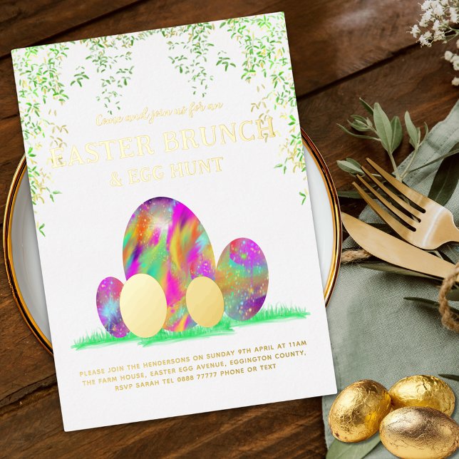 Easter Brunch Egg Hunt Colourful Watercolor Gold (Modern easter brunch and egg hunt colorful  Easter egg art gold foil invitation)