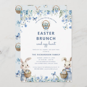 Easter Brunch & Egg Hunt Cute Blue Floral Bunny Invitation