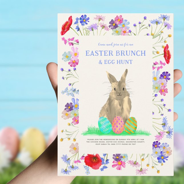 Easter Brunch Egg Hunt Cute Bunny Spring Floral Invitation (Easter brunch and egg hunt boho wildflower bunny invitation )