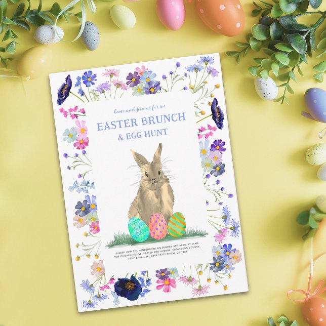 Easter Brunch Egg Hunt Cute Bunny Wildflower Invitation (Easter egg hunt spring brunch watercolor cute bunny wildflower floral garden party invitation)