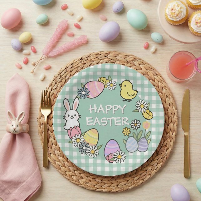 Easter Brunch & Egg Hunt Green Gingham Paper Plate (Creator Uploaded)
