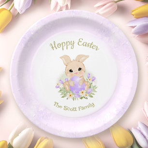 Easter Brunch Egg Hunt Purple Bunny Family Name Paper Plate