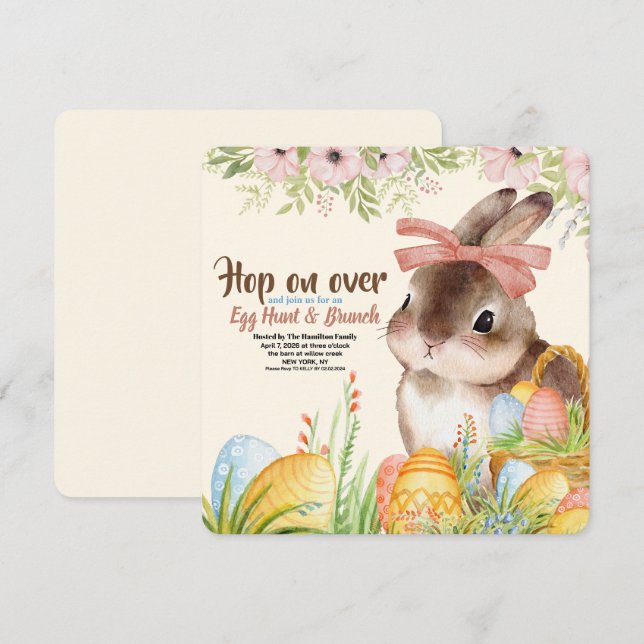 Easter Brunch & Egg Hunt Watercolor Bunny with Bow Invitation (Front/Back)