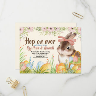 Easter Brunch & Egg Hunt Watercolor Bunny with Bow Invitation Postcard