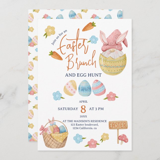 Easter Brunch Eggs Gnome Watercolor Invitation (Front/Back)