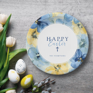  Easter Brunch Holiday Christian Cross Floral Blue Paper Plate