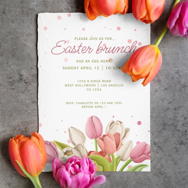 Easter Brunch Pink White Tulips Spring Flowers Invitation (Easter Brunch Pink White Tulips Spring Flowers Invitation by Ricaso. Easter egg hunt and brunch card)