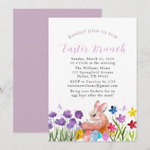 Easter Brunch Watercolor Bunny Rabbit Eggs Floral Invitation