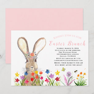 Easter Brunch Watercolor Bunny Rabbit Eggs Floral Invitation