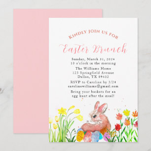 Easter Brunch Watercolor Bunny Rabbit Eggs Floral Invitation