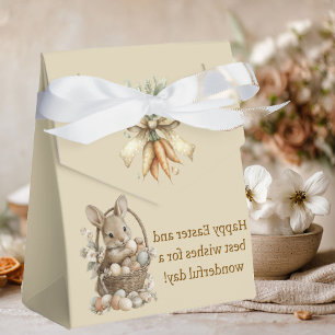 Easter, bunnies, and colourful eggs in a wicker ba favour box