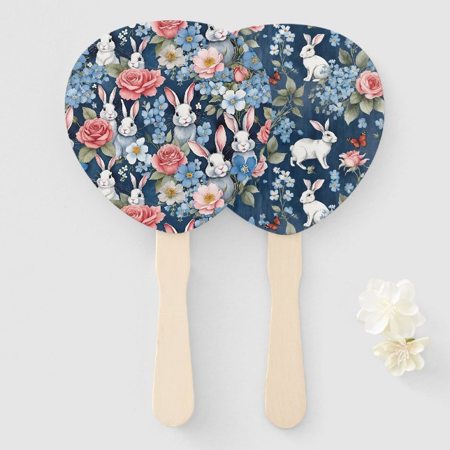 Easter Bunnies and Florals Navy Blue Hand Fan (Front and Back)