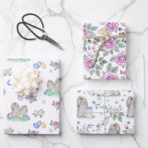 Easter Bunnies And Flowers Wrapping Paper Sheet