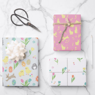 Easter bunnies, chicks, painted decorated eggs wrapping paper sheet