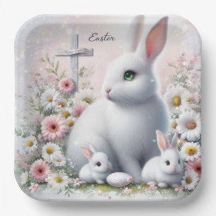 Easter Bunnies, Daisies and Cross Paper Plate