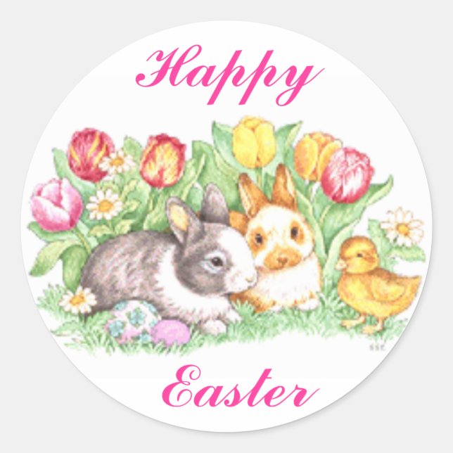 Easter Bunnies, Duckling and Tulips Classic Round Sticker (Front)